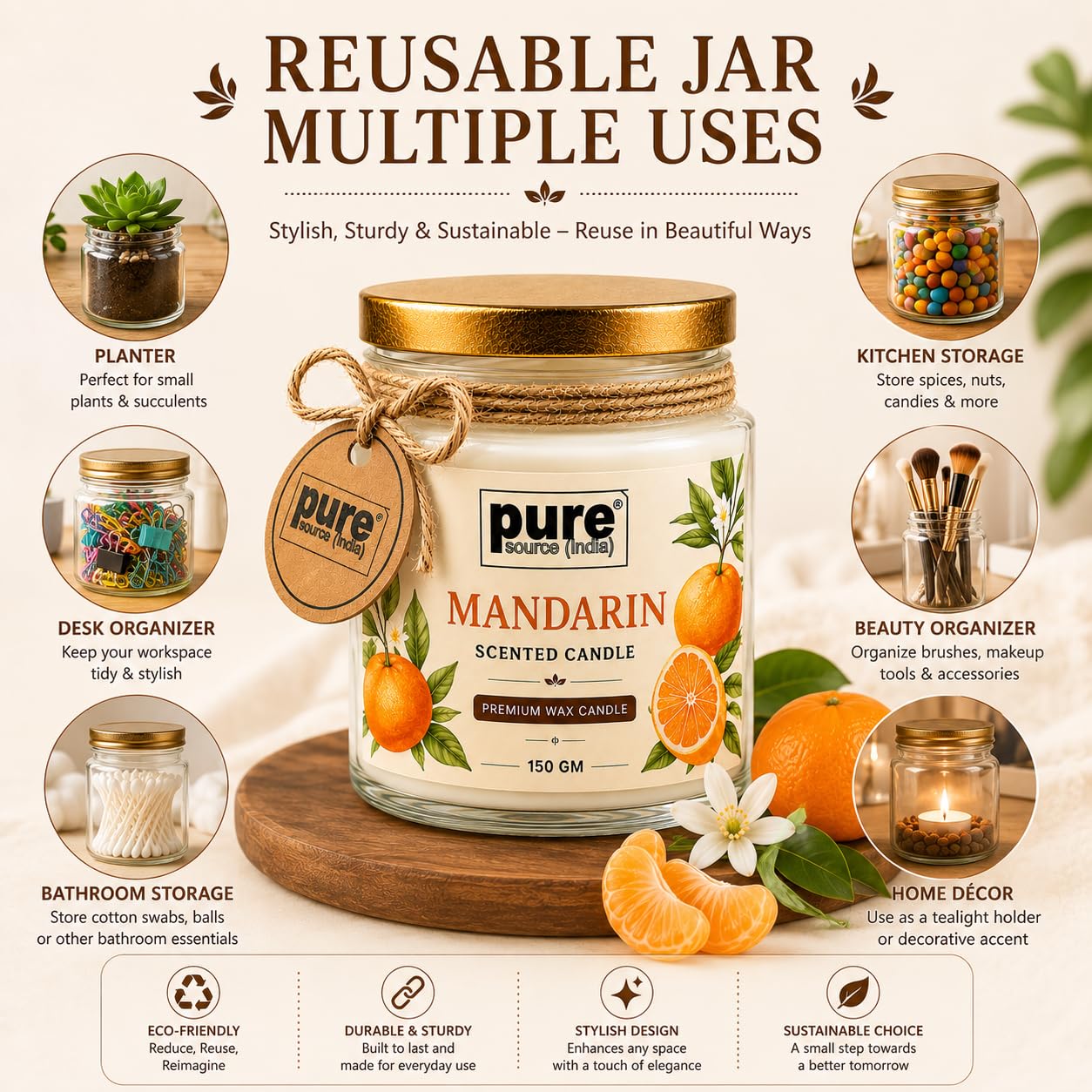 Pure Source India Premium Mandarin Scented Wax Candle, 150 g | 35–40 Hours Long Burn Time | Aromatherapy Jar Candle for Home Fragrance, Home Decor, Diwali, Raksha Bandhan, Office, Spa & Gifting
