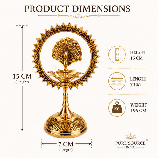 Pure Source India Brass Peacock Diya with Decorative Halo Ring, 8L x 15W x 8H cm | Traditional Brass Oil Lamp for Pooja, Aarti, Temple, Home Decor, Diwali & Festive Gifting