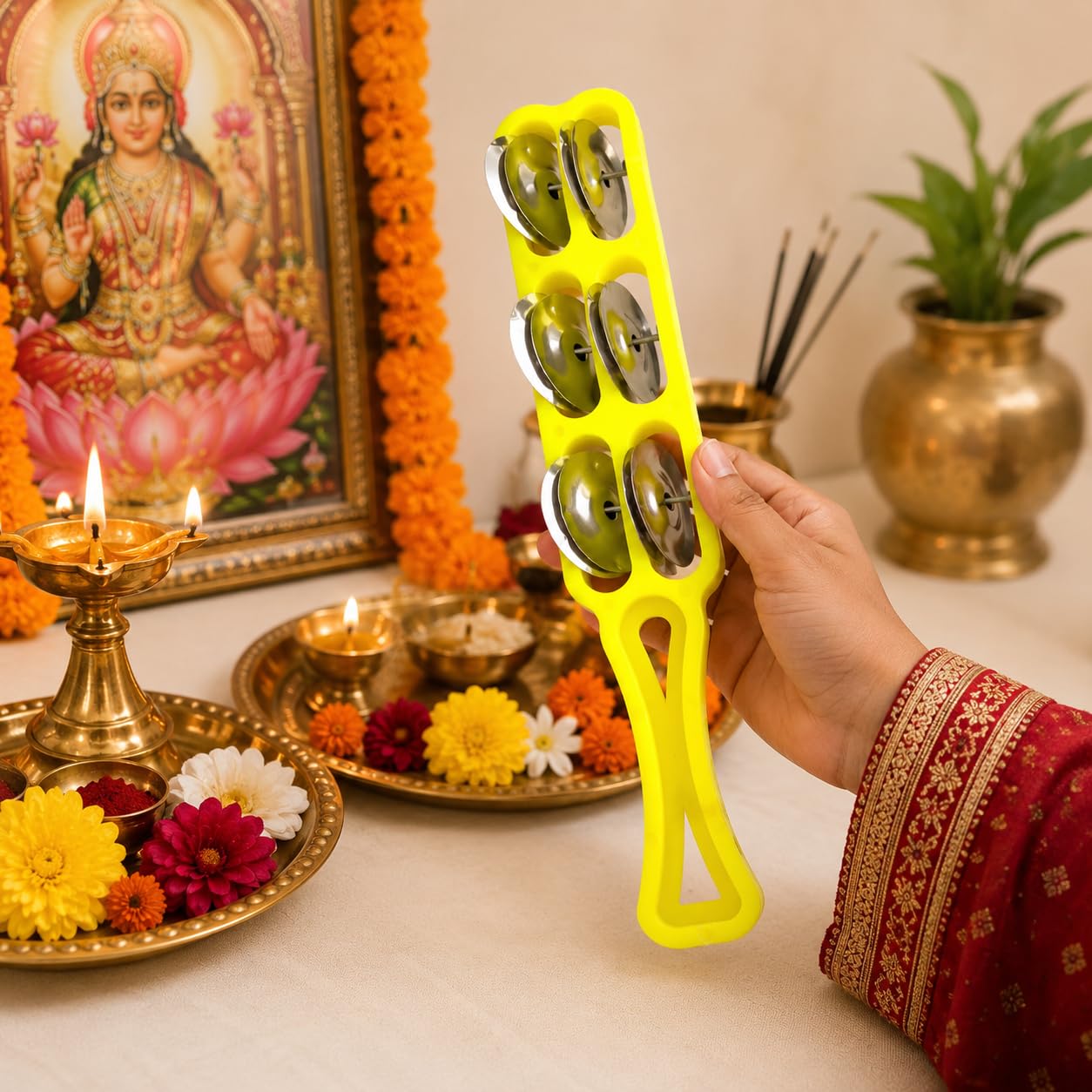 Pure Source India Handheld Plastic Tambourine Pack of 2 | 3-Pair Metal Jingle Percussion Instrument | Ideal for Bhajan, Kirtan, Pooja, Aarti, Garba, Music Practice & Cultural Events | Yellow