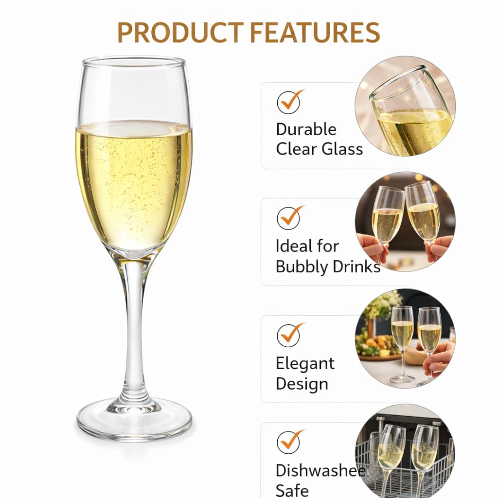 Pure Source India 200ml Wine Glass Set of 2 | Elegant Clear Glass Champagne Flutes | Durable Stemware for Wine, Champagne, Cocktails, Mocktails, Party, Dining & Home Use