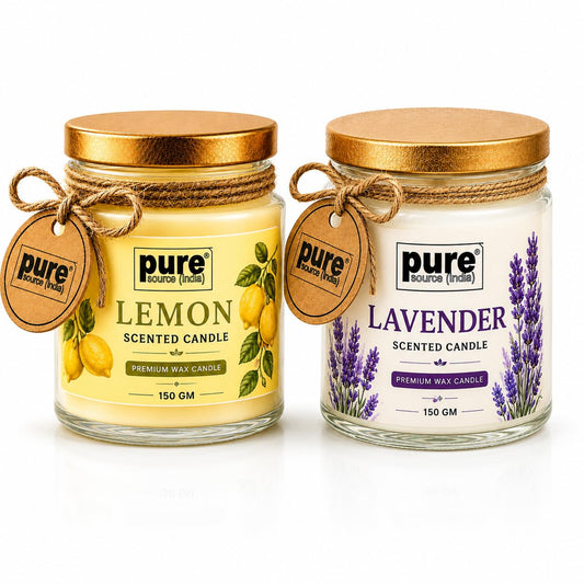 Pure Source India Scented Jar Candle Set of 2 (Lemon & Lavender) | 150 g Each | Premium Wax Candles | 35–40 Hours Burn Time | Aromatherapy Candles for Home Decor, Diwali, Bedroom, Spa & Gifting