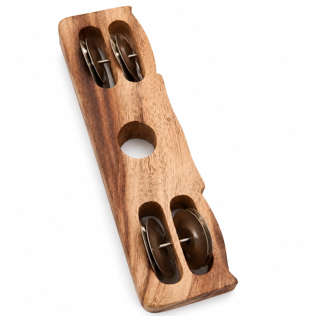Pure Source India Wooden Kartal Handheld Jingle Bell Musical Instrument Pack of 2 | 4 Stainless Steel Bells | Natural Wood Percussion Shaker for Bhajan, Kirtan, Pooja, Aarti, Meditation & Devotional Music