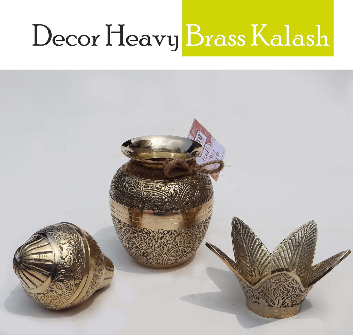 Pure Source India Brass Kalash with Leaves & Coconut, 7.5 Inch Golden Kalash Showpiece | Traditional Pooja Kalash for Puja, Wedding, Housewarming, Religious Ceremonies, Festivals & Home Decor