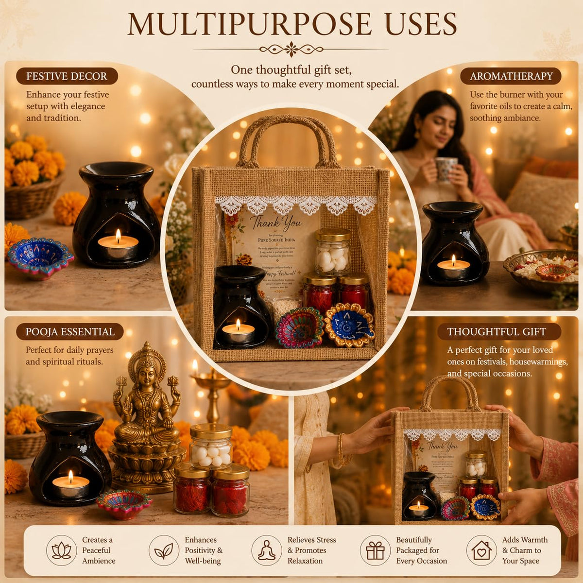 Pure Source India Diwali Pooja Gift Set with Roli Kumkum & Ghee Wicks (Black)