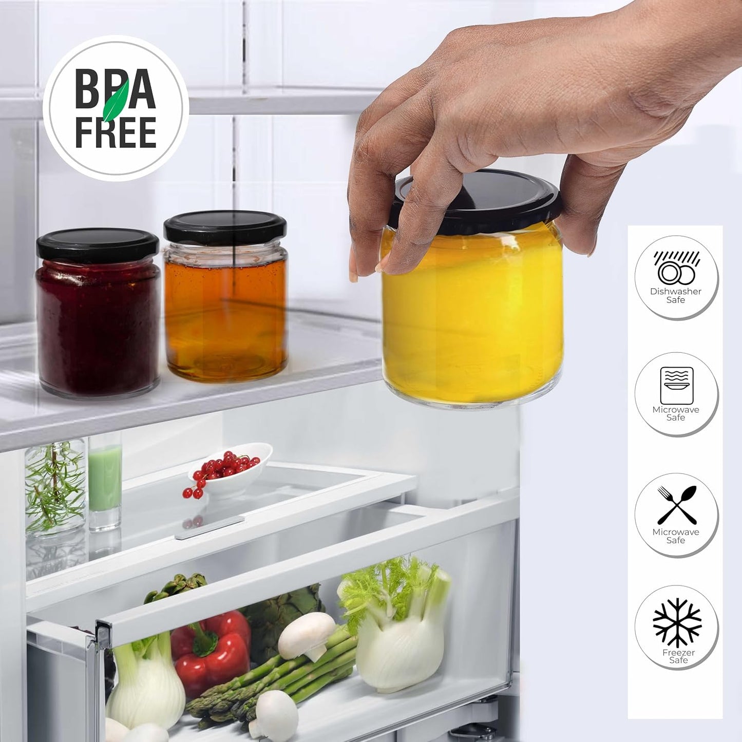 Pure Source India 50 g Crystal Clear Round Glass Jar with Black Cap, Set of 24 | Airtight Food-Grade Storage Container | Rust-Free Jar for Spices, Dry Fruits, Sugar, Tea, Coffee & Kitchen Storage