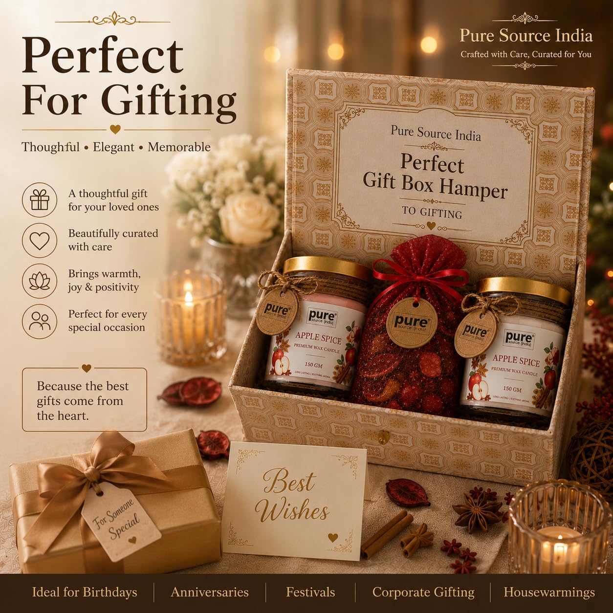Pure Source India Luxury Festive Gift Box Hamper with Apple Spice Scented Candles & Red Potpourri