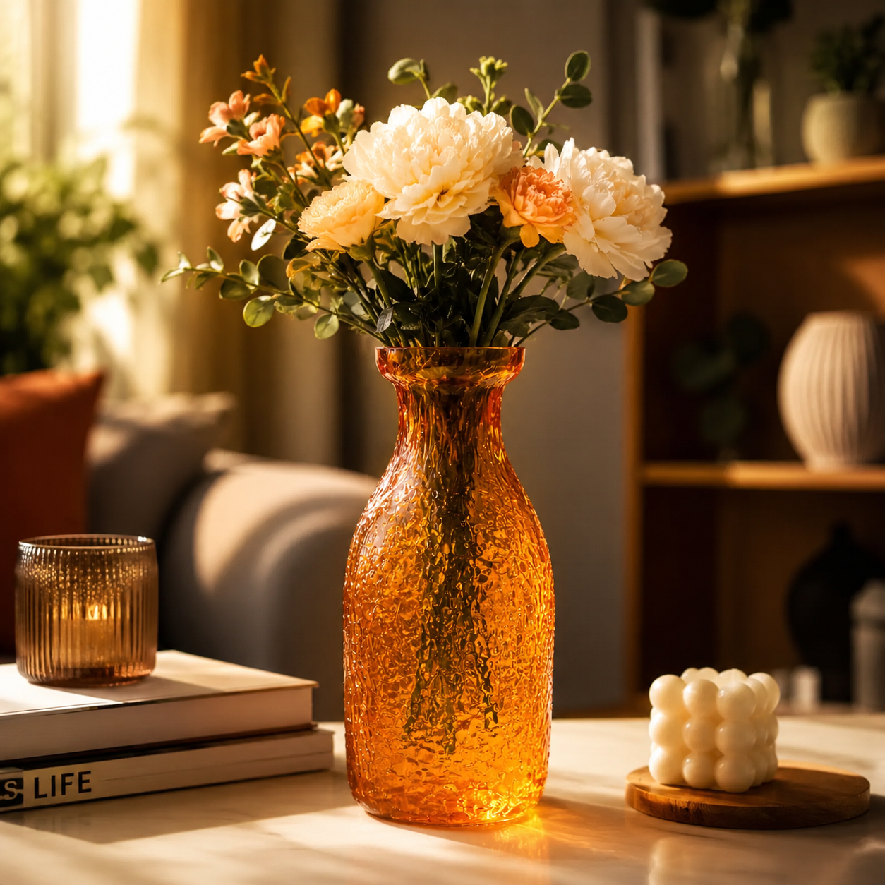 Pure Source India Elegant Orange Textured Glass Flower Vase – Decorative Bubbled Design, Modern Home Décor Accent, Table Centerpiece