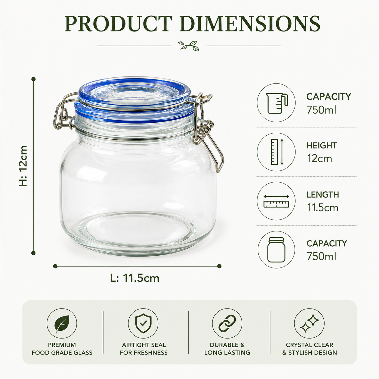 Pure Source India  750ml Stainless Steel Clamp Lid & Silicone Seal Kitchen Storage Air Tight Glass Jar, Clear