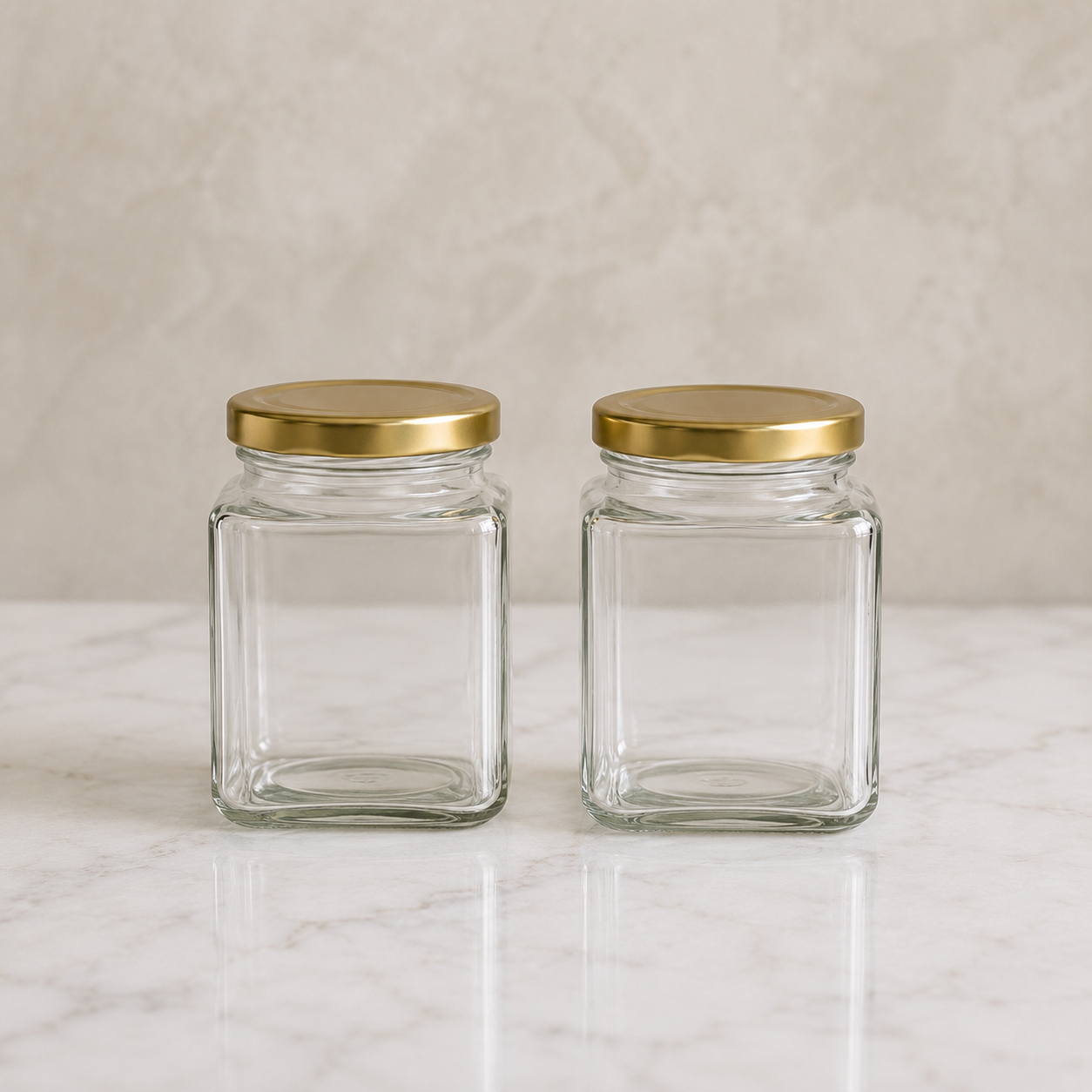 Pure Source India 150gm, Square Glass Jar with Gold Lug Cap | Airtight Food Storage Jar for Honey, Jam, Pickles, Spices & Preserves