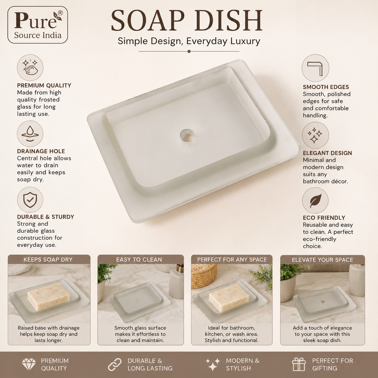 Pure Source India Stylish Durable Rectangular Design Glass Frosted Soap Dish for Hand Cleanser, Body Wash, Bathroom Shower Use