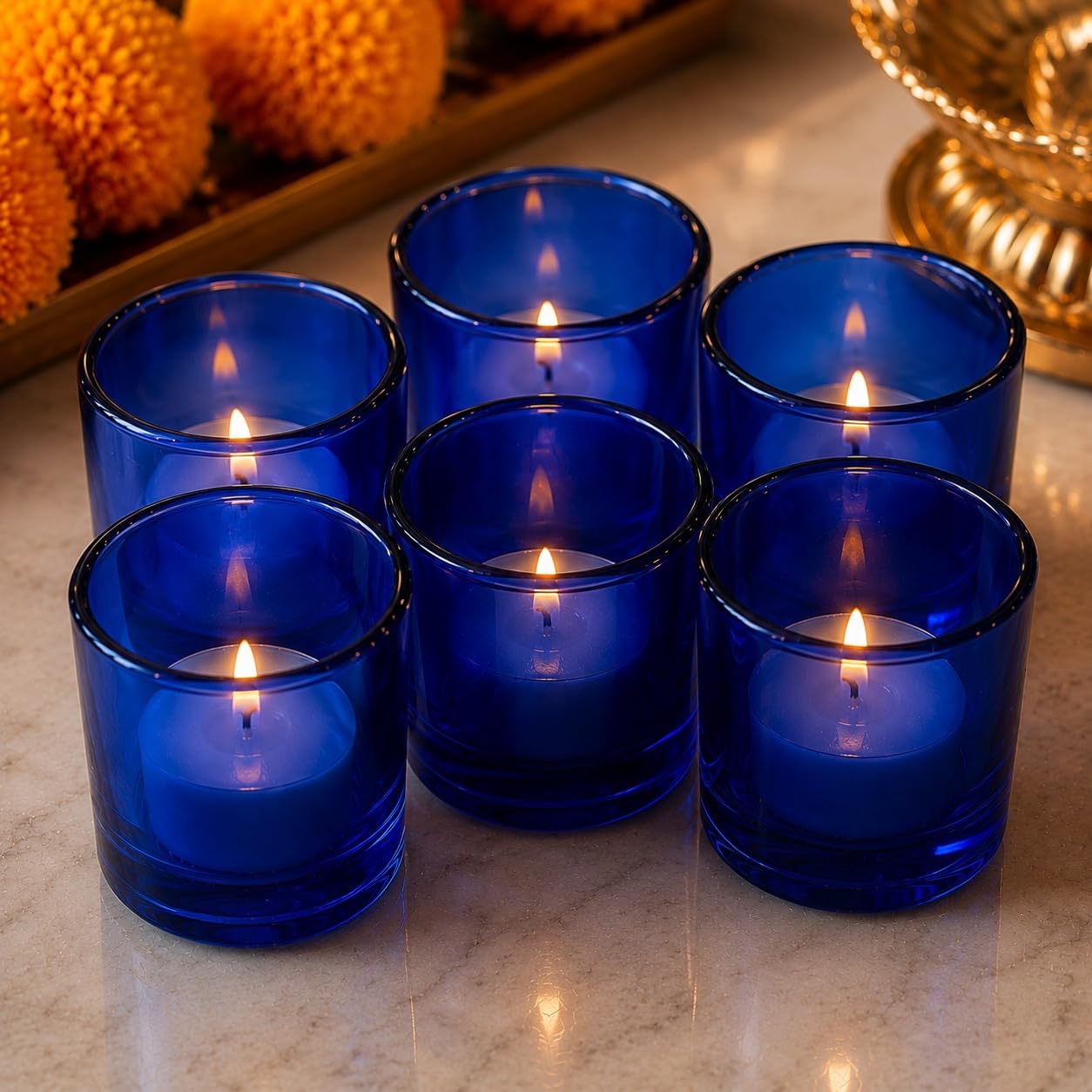 Pure Source India Pack of 6 Tea Light Votive Glass Candle Holders – Perfect for Diwali, Weddings, Spa & Holiday Décor (Blue)