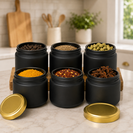 Pure Source India Black Colored Frosted Glass Jar Container with Airtight and Rust Resistance Metal Lid, 150 Gm