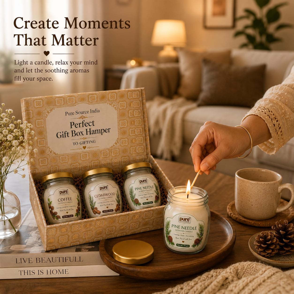 Pure Source India Scented Candle Gift Set of 3 | Coffee, Cedarwood, Pine needle | 75g Each | Fragrance Candles for Home, Living Room & Gifting (Copy)
