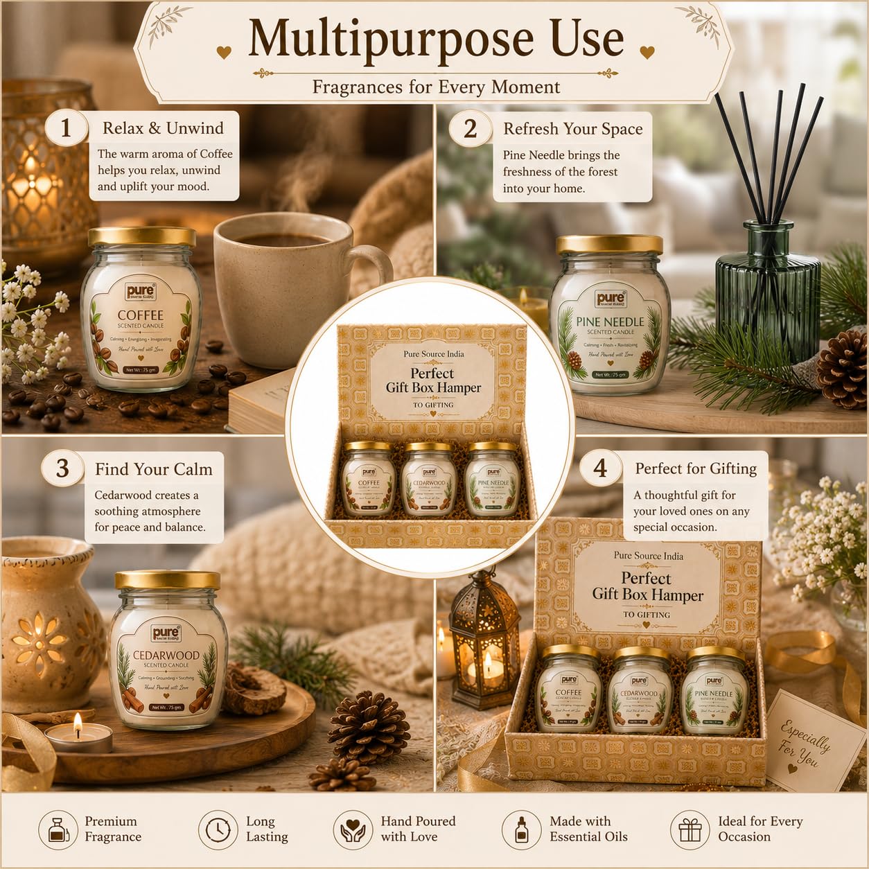 Pure Source India Scented Candle Gift Set of 3 | Coffee, Cedarwood, Pine needle | 75g Each | Fragrance Candles for Home, Living Room & Gifting (Copy)
