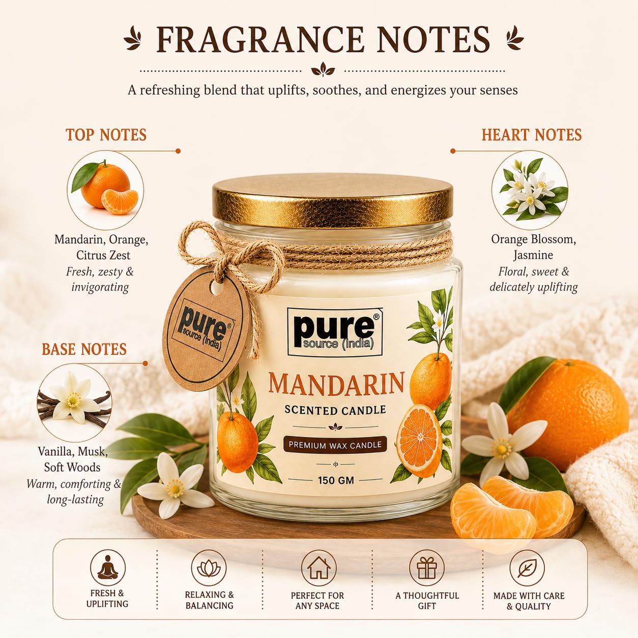 Pure Source India Premium Mandarin Scented Wax Candle, 150 g | 35–40 Hours Long Burn Time | Aromatherapy Jar Candle for Home Fragrance, Home Decor, Diwali, Raksha Bandhan, Office, Spa & Gifting