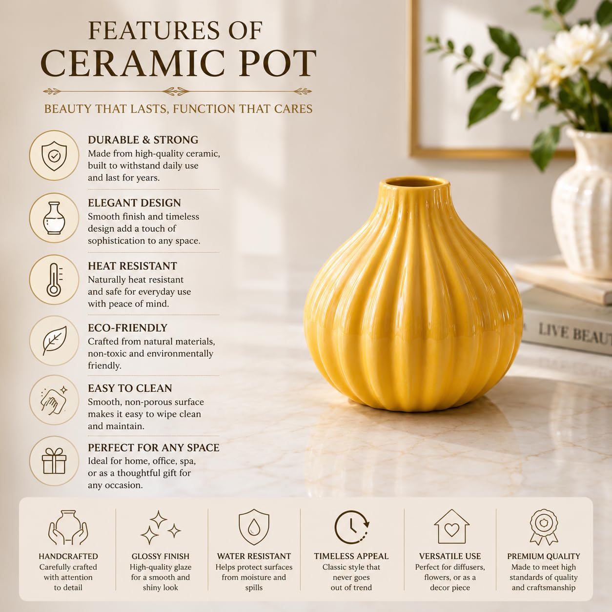 Pure Source India Ceramic Yellow Reed Diffuser Pot/Flower Pot  With 8 Pcs Reed Sticks (Standard)