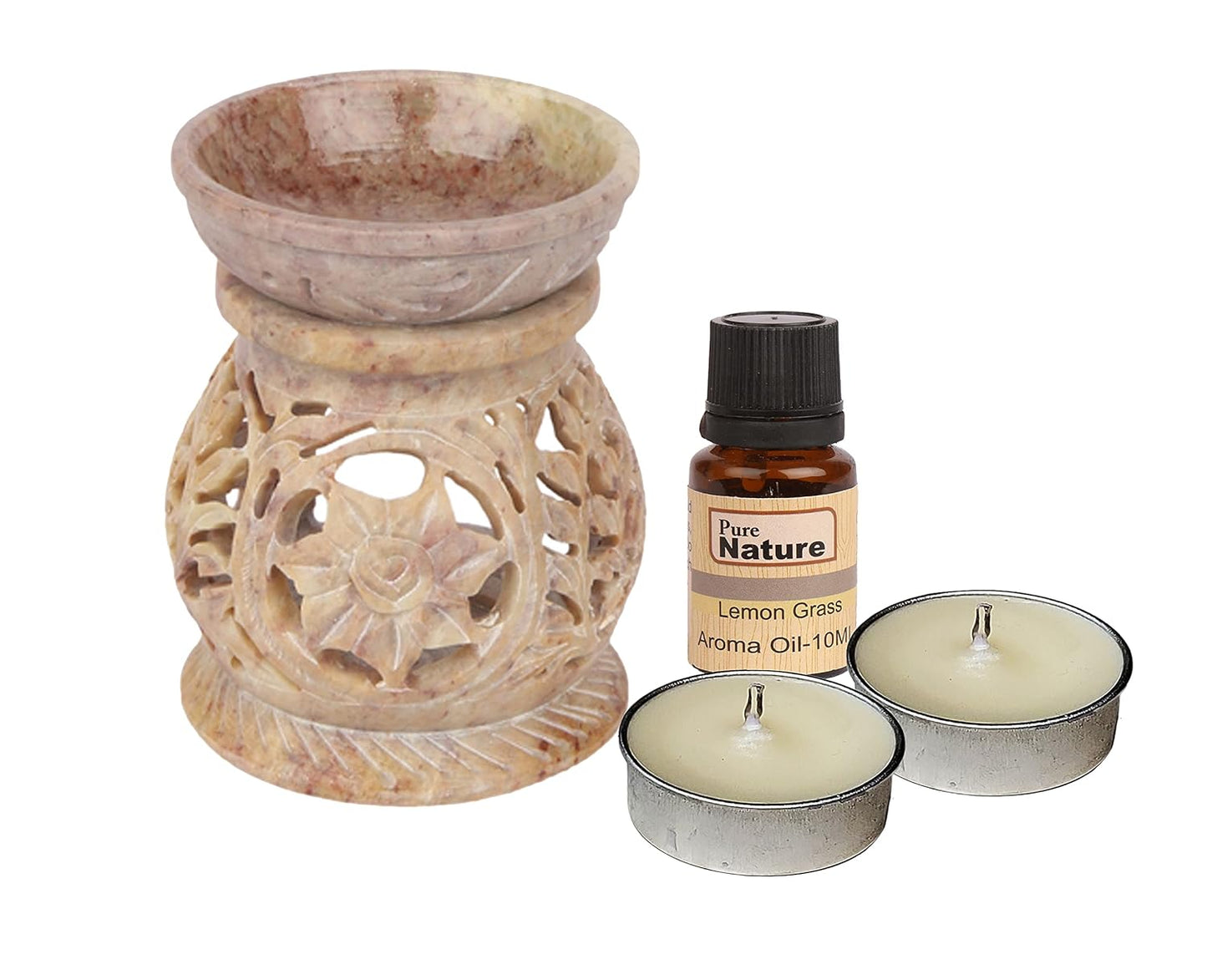 Pure Source India Soapstone Oil Burner Set, 4 Inch, Natural Brown