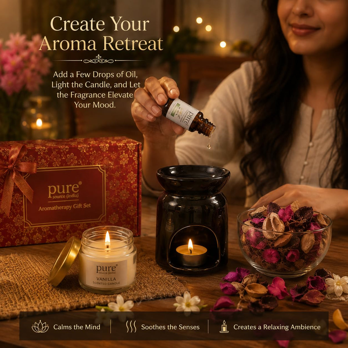 Pure Source India Diwali Gift Set with Black 3 Hole Aroma Burner, Aroma Oil, Scented Candle & Potpourri Potli | Festive Home Fragrance Gift Hamper
