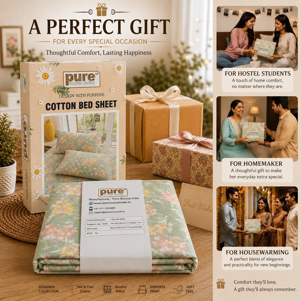 Pure Source India Poly Cotton Elegance Bedding Set, Dreamy Cotton Comfort Double Bed Sheet with Pillow Covers (Seamoss Green Flora)