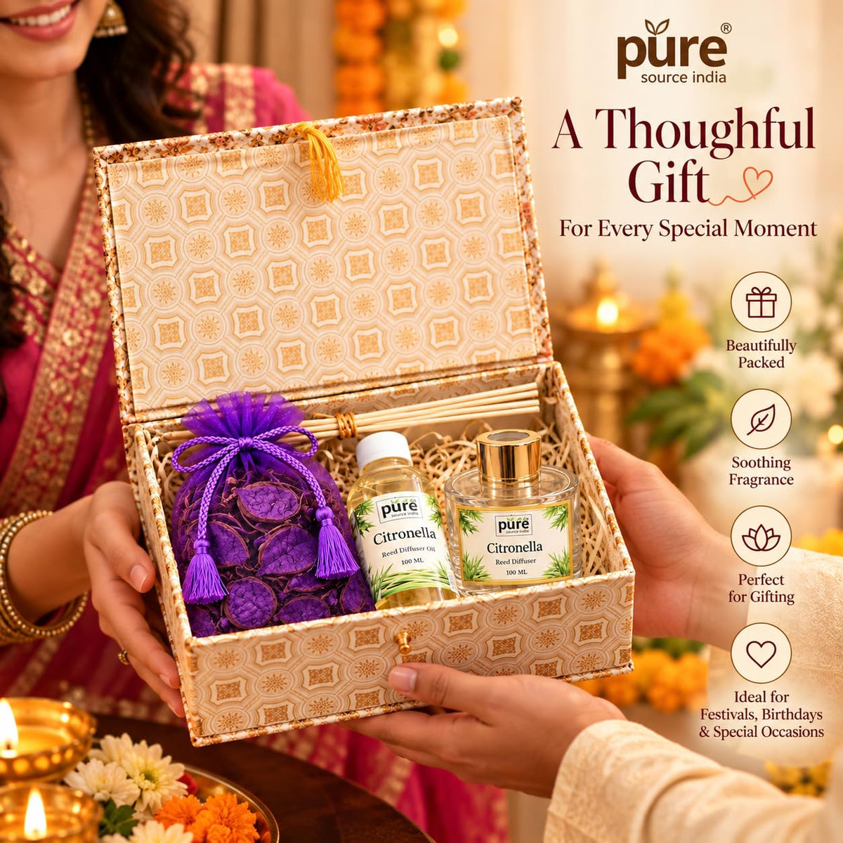 Pure Source India Reed Diffuser Gift Set | Luxury Home Fragrance Gift Hamper for Diwali, Birthday & Housewarming