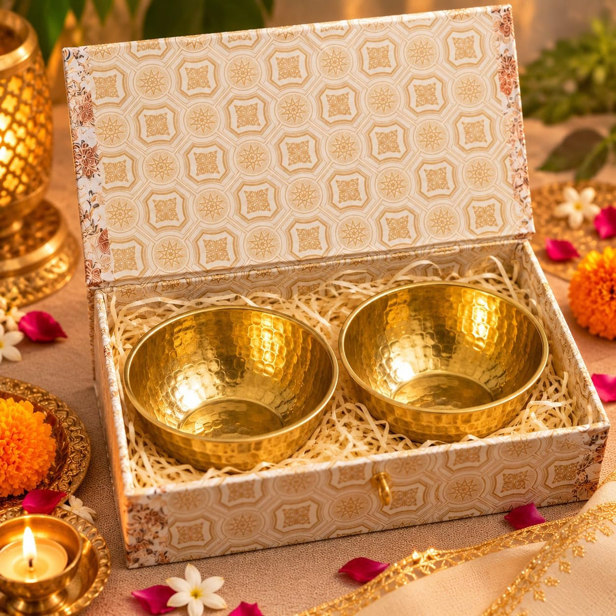 Pure Source India Brass Hammered Bowls Gift Set of 2 for Diwali, Housewarming, Pooja & Festive Gifting