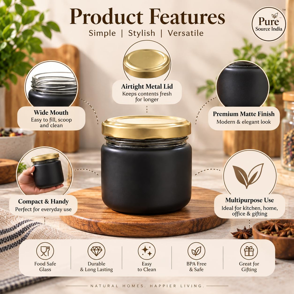 Pure Source India 250 ML Black Glass Storage Jar | Wide Mouth Kitchen Jar for Pickles, Spices, Dry Fruits, Cookies & Snacks
