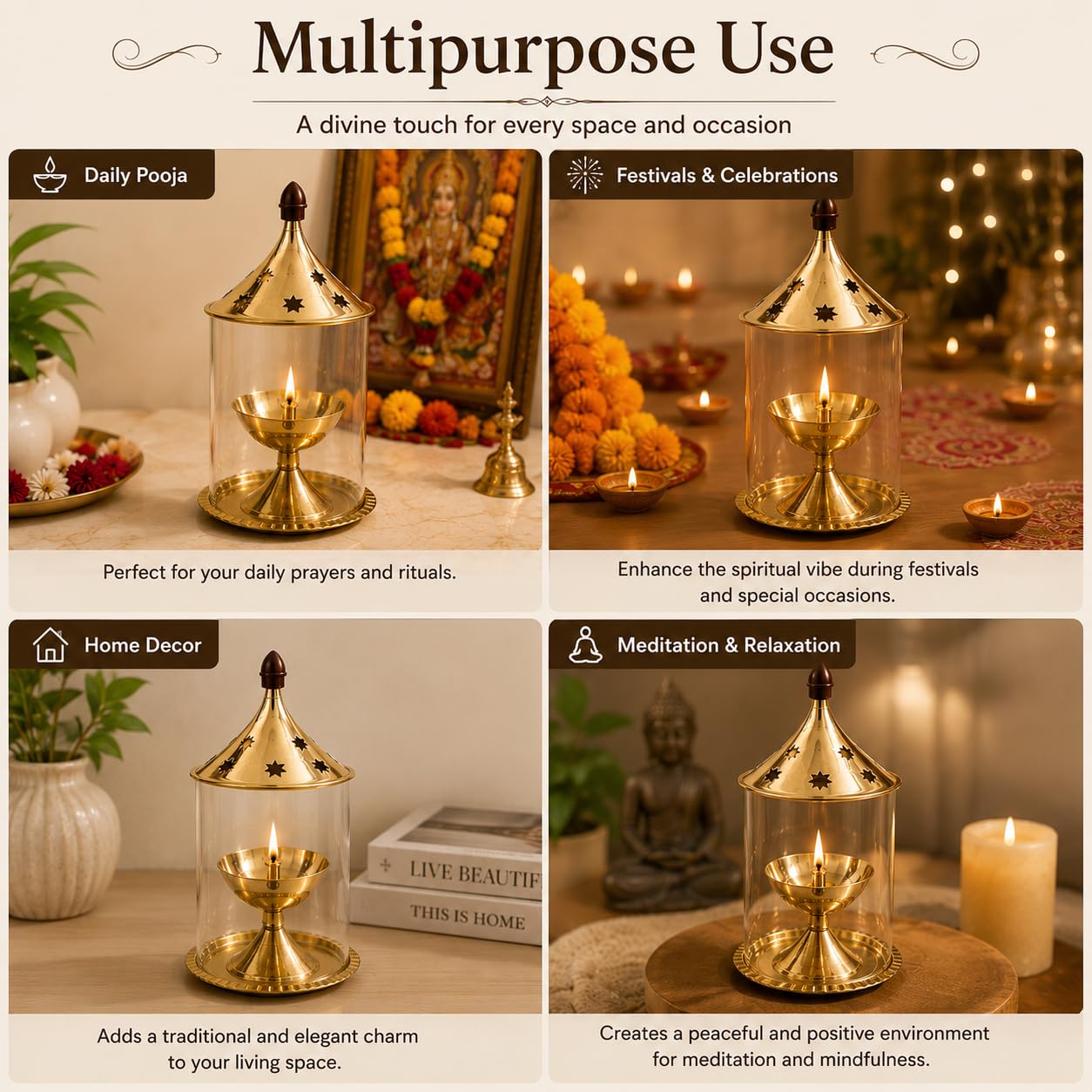Pure Source India Brass Akhand Diya with Glass Cover | Long Burning Jyot Lamp for Pooja Room, Temple, Home Mandir & Festivals | Wind Protection Design | 50ml Capacity
