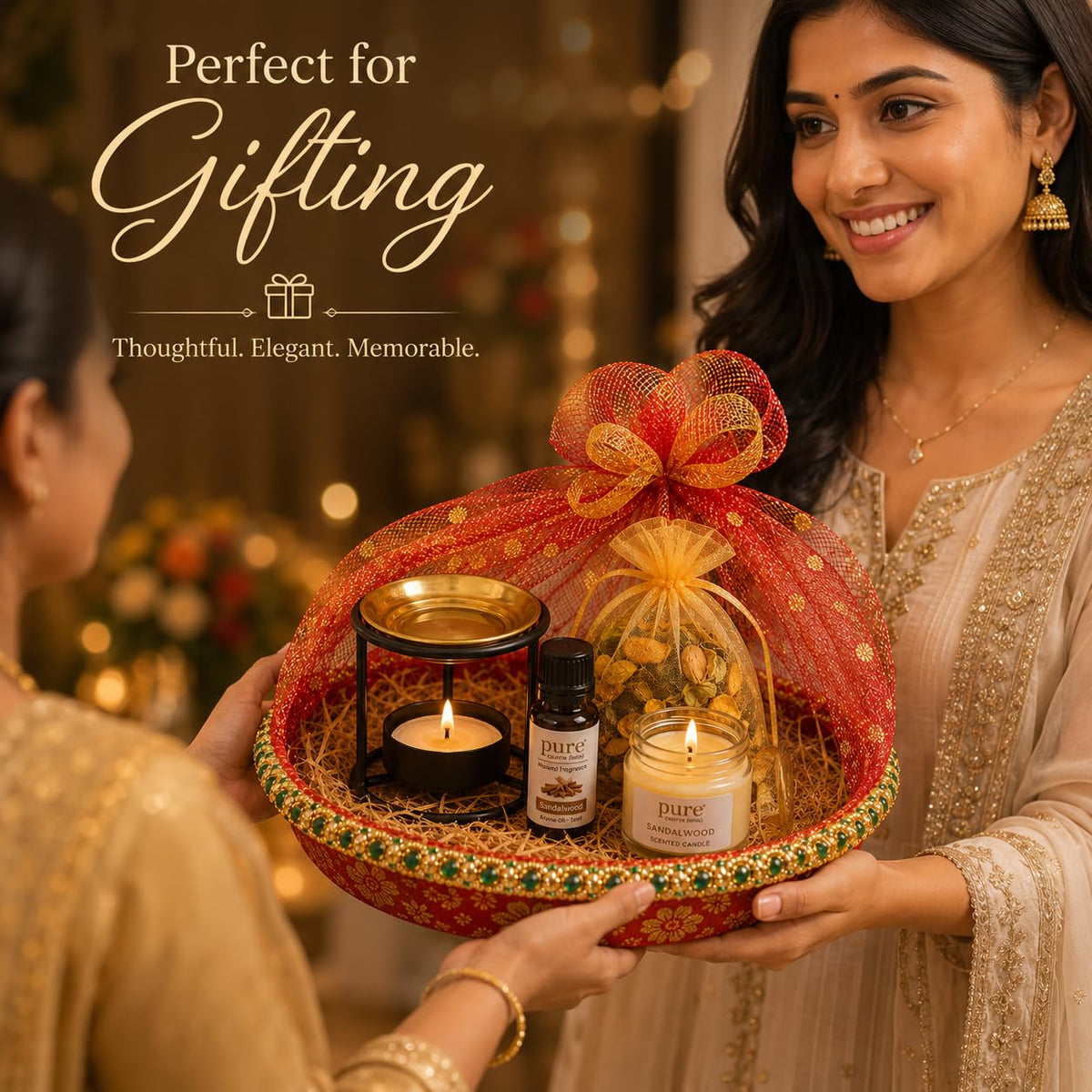 Pure Source India Diwali Gift Set with Brass Aroma Burner, Aroma Oil, Scented Candle & Potpourri Potli | Festive Home Fragrance Gift Hamper
