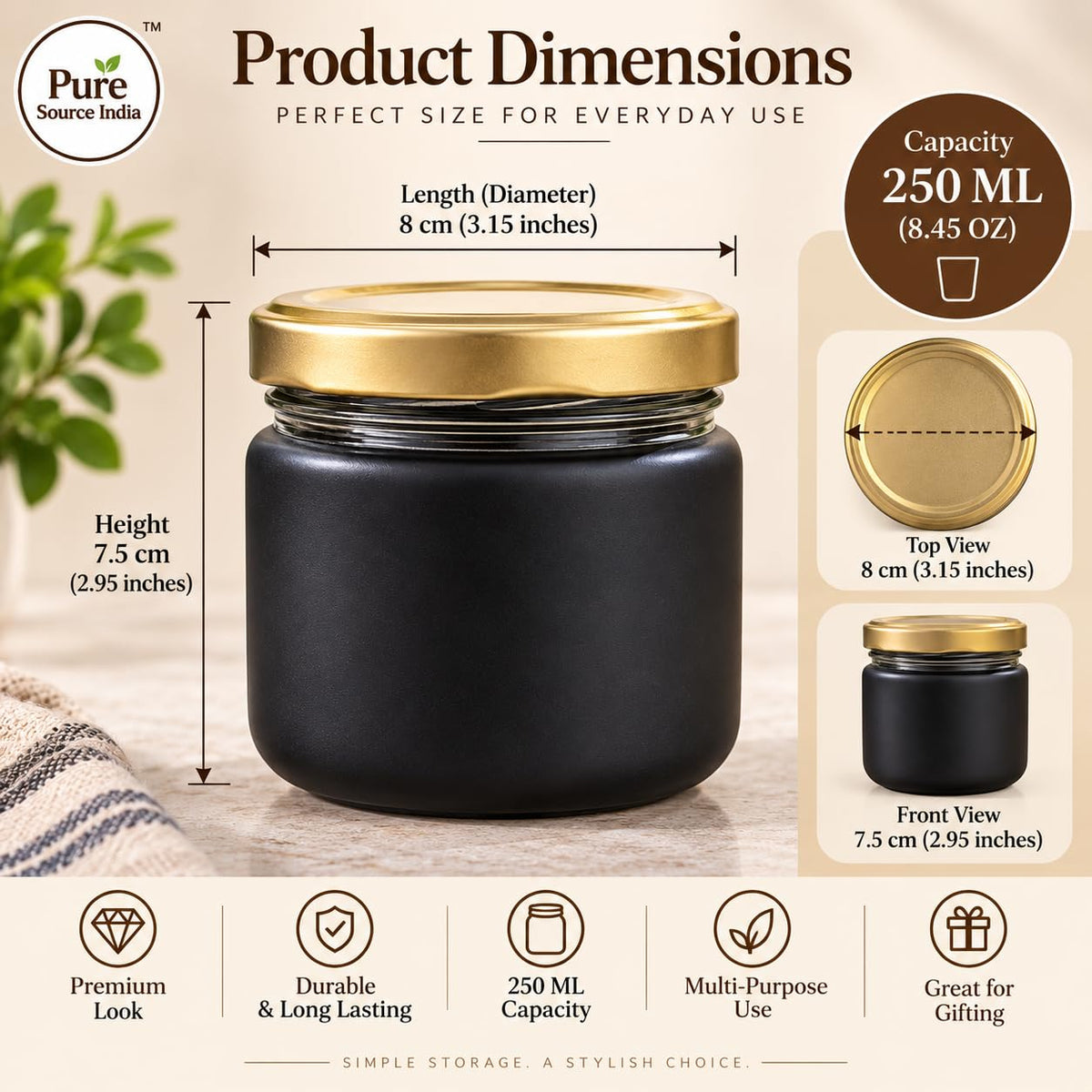 Pure Source India 250 ML Black Glass Storage Jar | Wide Mouth Kitchen Jar for Pickles, Spices, Dry Fruits, Cookies & Snacks
