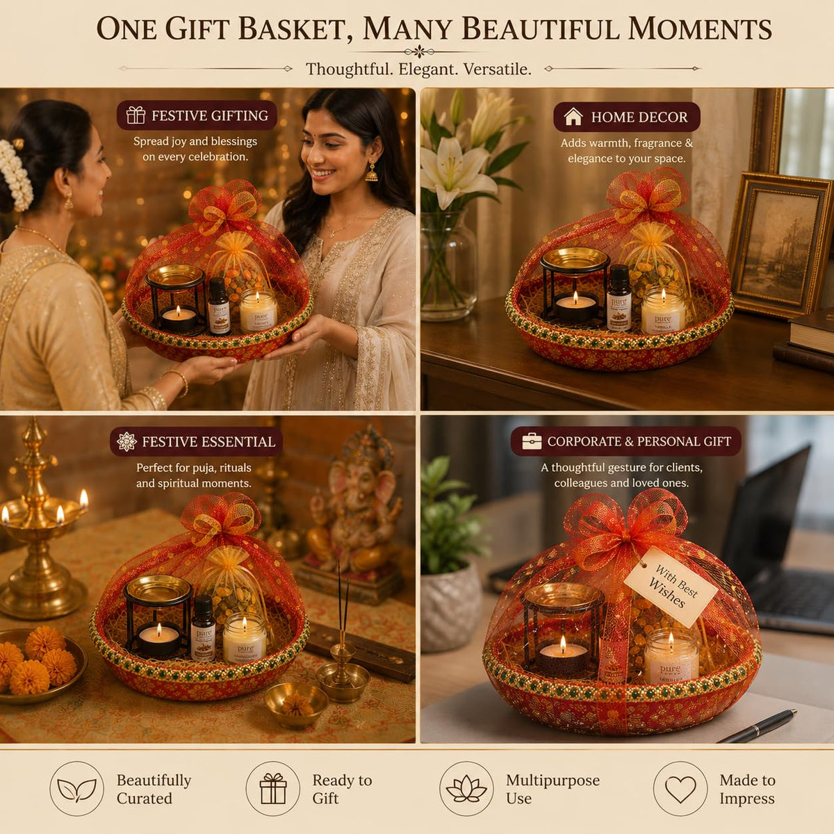 Pure Source India Diwali Gift Set with Brass Aroma Burner, Aroma Oil, Scented Candle & Potpourri Potli | Festive Home Fragrance Gift Hamper