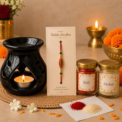 Pure Source India Rakhi Gift Set with Ceramic Aroma Burner, Premium Rakhi, Roli & Akshat | Raksha Bandhan Gift Hamper for Brother & Bhabhi