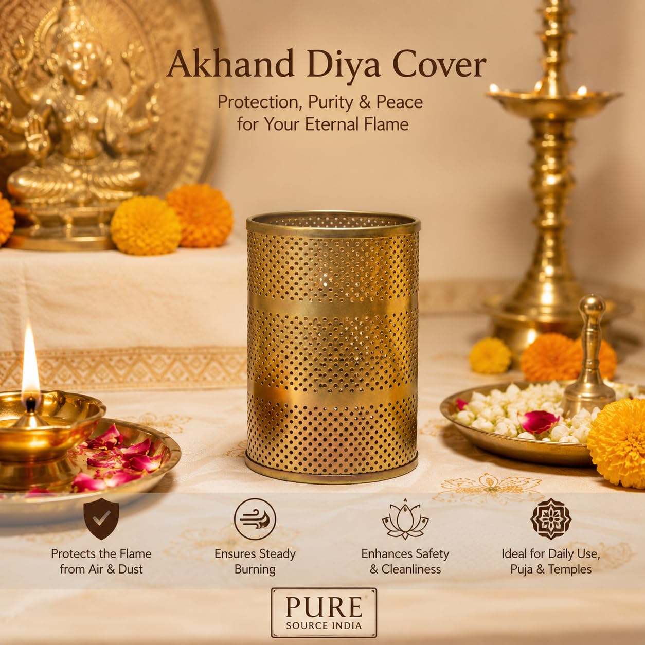 Pure Source India 6 Inch Akhand Jyot Wind Protector | Akhand Deep Cover | Diya, Deepak & Jyoti Metal Safety Guard for Puja Mandir