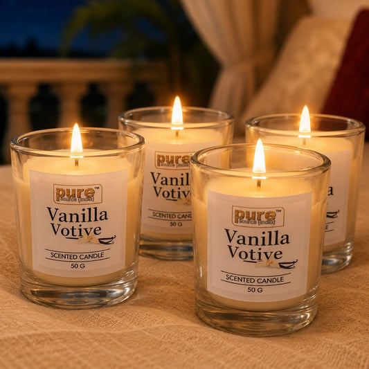 Pure Source India Votive Glass Scented Wax Candle Big Size Candles Combo Set for Home Decoration Aroma,50G, Pack of 4 (Scented - Vanilla)