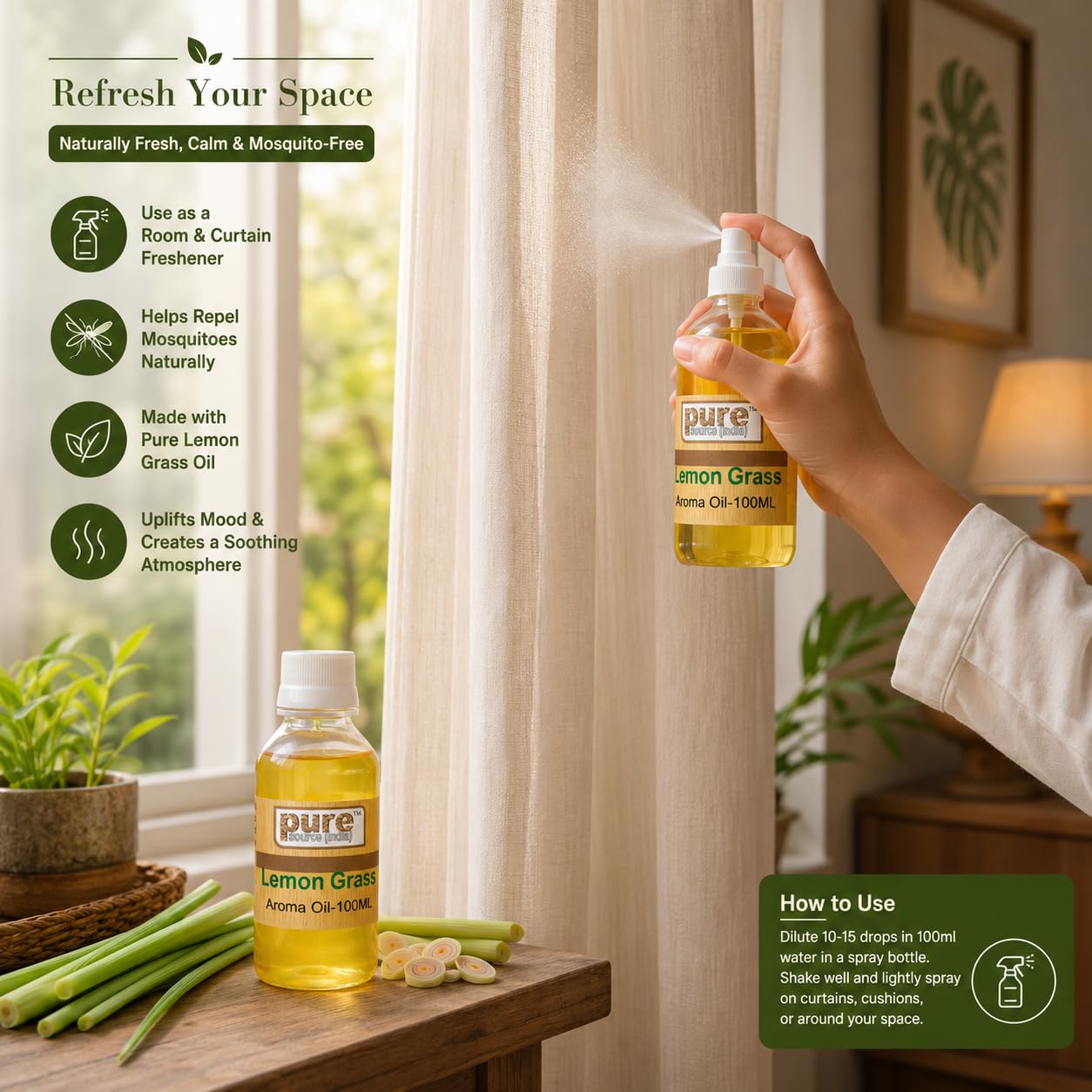 Pure Source India 100ml Lemongrass Essential Aroma Oil | Pure, Natural & Undiluted Fragrance Oil with Dropper Bottle | Ideal for Diffusers, Aroma Burners, Potpourri, DIY Candles, Soap & Home Fragrance