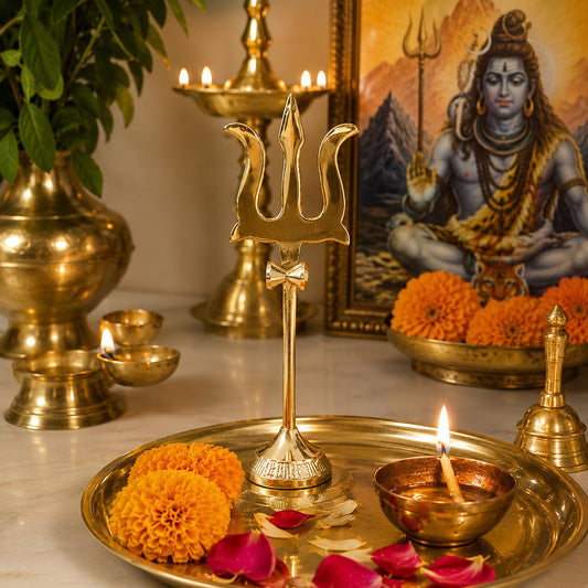 Brass Trishul with Damru Statue for Home Temple, Pooja Room & Shiv Worship | Decorative Trident Idol for Mandir, Office, Car Dashboard & Spiritual Décor