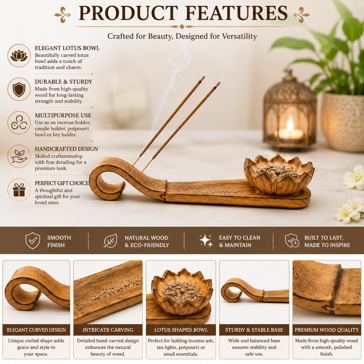 Wooden Incense Holder with Lotus Tea Light Candle Holder | Dual-Purpose Ash Catcher & Candle Stand | Natural Wooden Agarbatti Stand for Home, Office, Meditation, Yoga & Pooja Décor