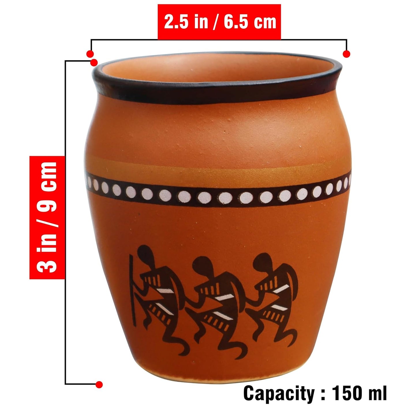 Pure Source India Terracotta Clay Cups 150ml– Handcrafted Kulhad Style Tea Glasses with Tribal Art Design for Tea, Coffee, Milk, or Décor