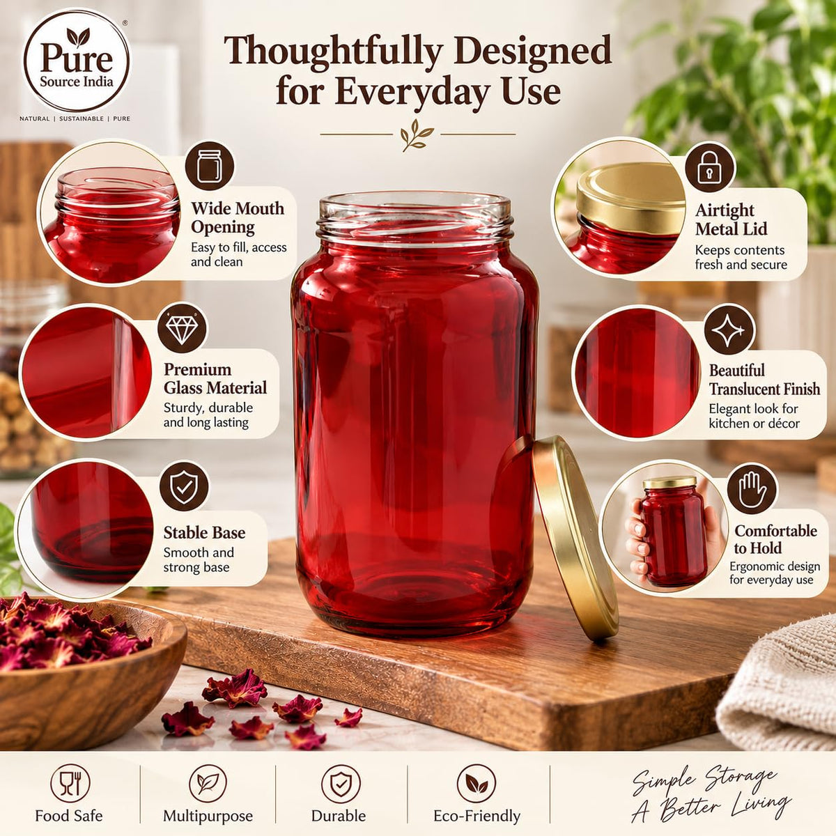 Pure Source India Red Glass Jar with Gold Metal Lid, (1000ml), Airtight Kitchen & Pantry Container, Multipurpose Food Storage Jar