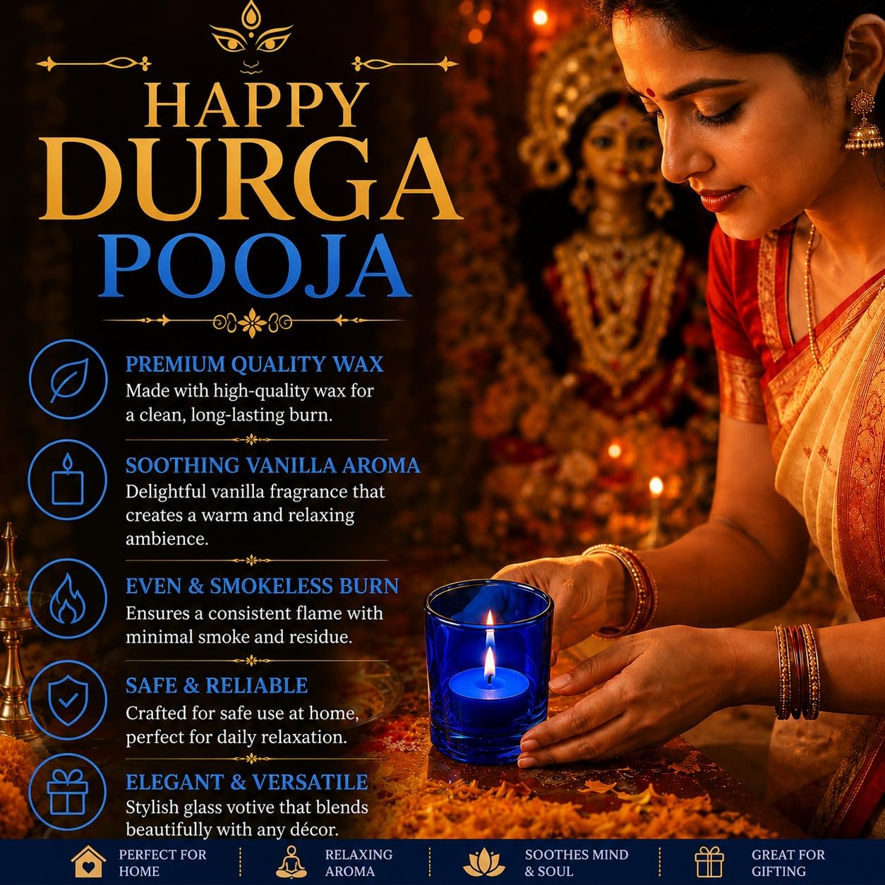 Pure Source India Pack of 6 Tea Light Votive Glass Candle Holders – Perfect for Diwali, Weddings, Spa & Holiday Décor (Blue)