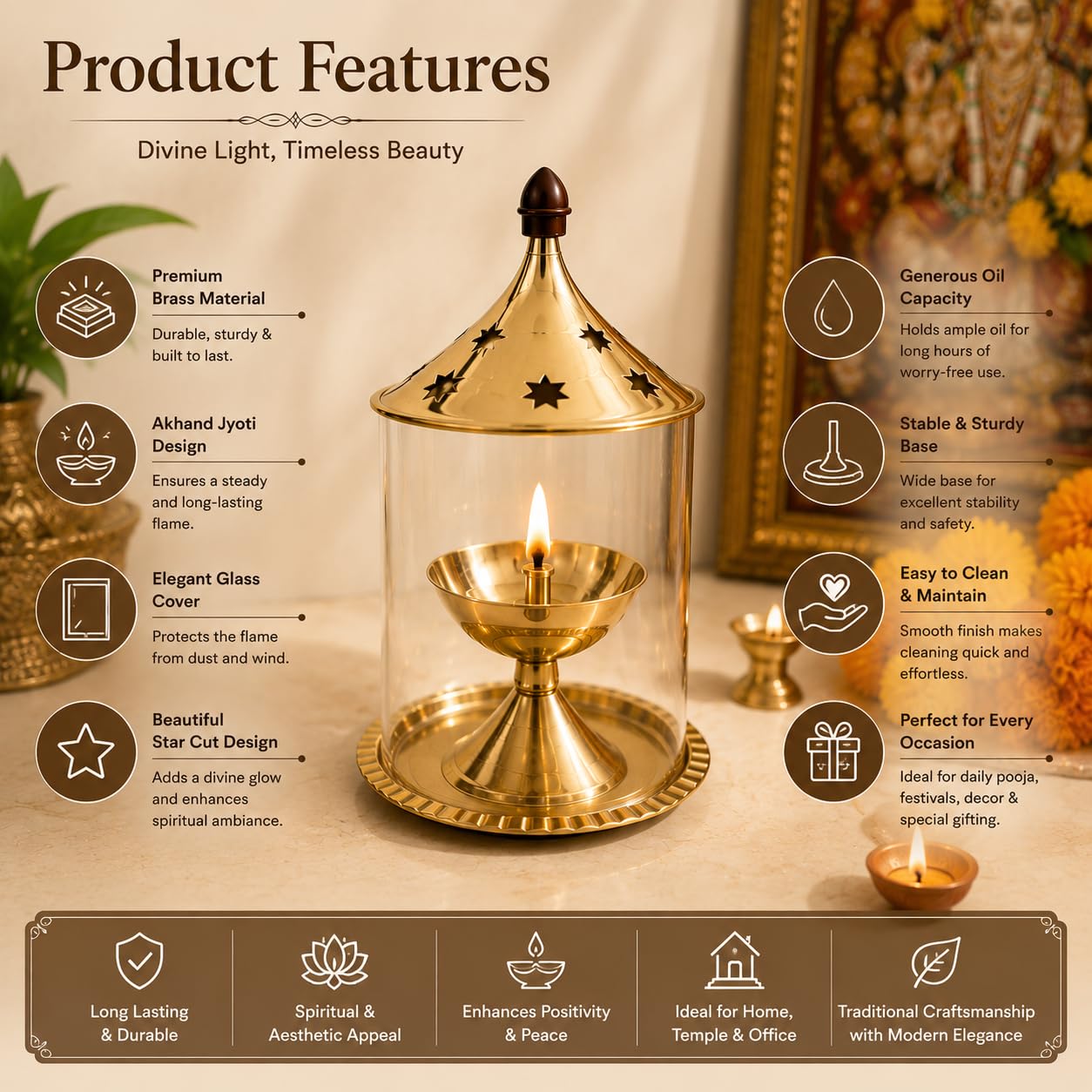 Pure Source India Brass Akhand Diya with Glass Cover | Long Burning Jyot Lamp for Pooja Room, Temple, Home Mandir & Festivals | Wind Protection Design | 50ml Capacity