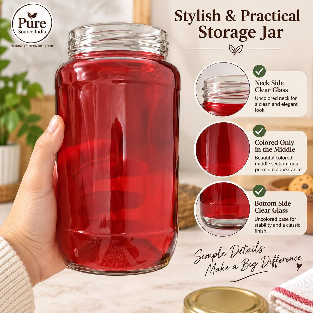 Pure Source India Red Glass Jar with Gold Metal Lid, (1000ml), Airtight Kitchen & Pantry Container, Multipurpose Food Storage Jar