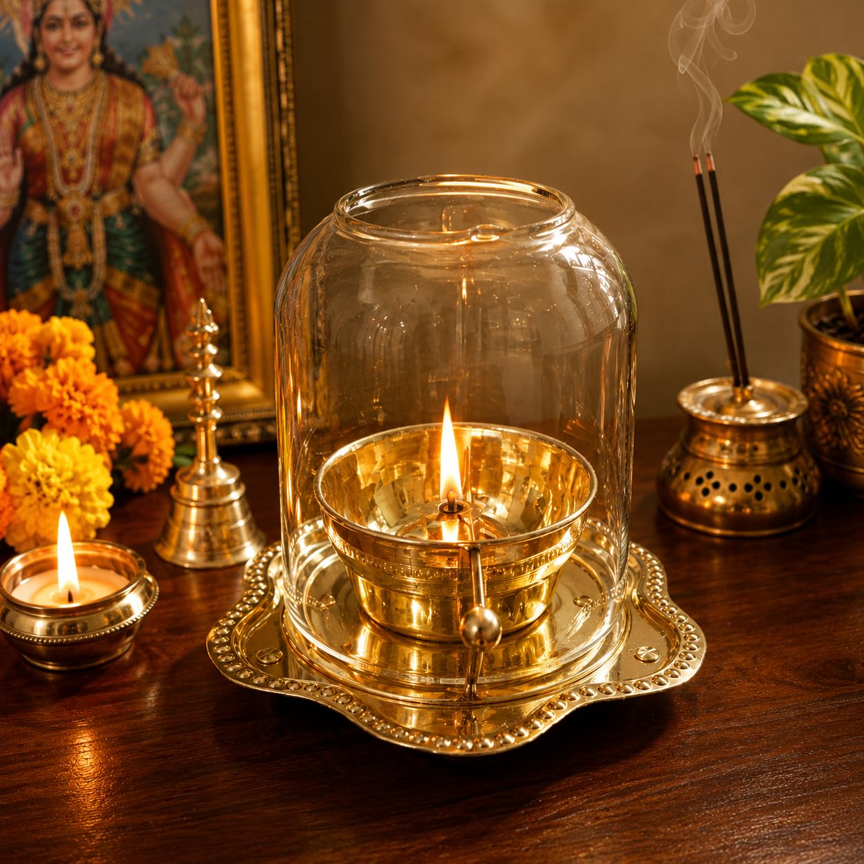 Pure Source India 150ml Oil Capacity Brass Akhand Diya with Glass Cover | Long Burning Akhand Jyot Lamp | Wind Protection Glass Dome | Traditional Puja Diya for Home Temple, Mandir & Festivals
