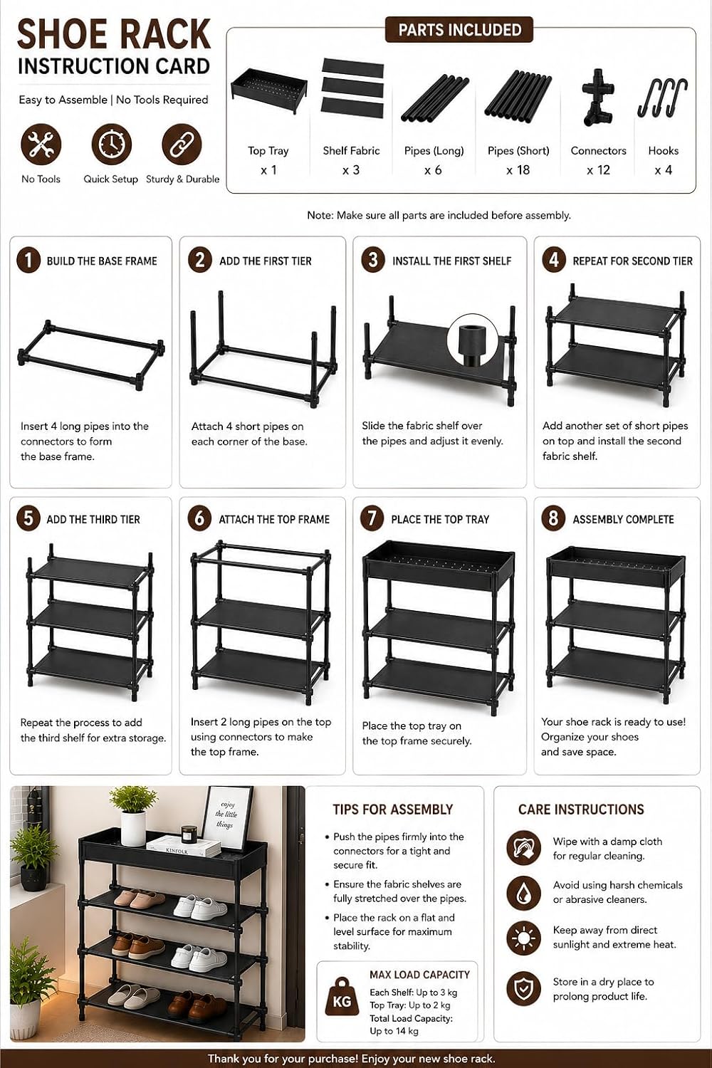 4 Tier Shoe Rack Organizer with Top Storage Shelf, Metal Shoe Stand for Entryway, Closet, Bedroom & Hallway, Space Saving Storage Rack, Black