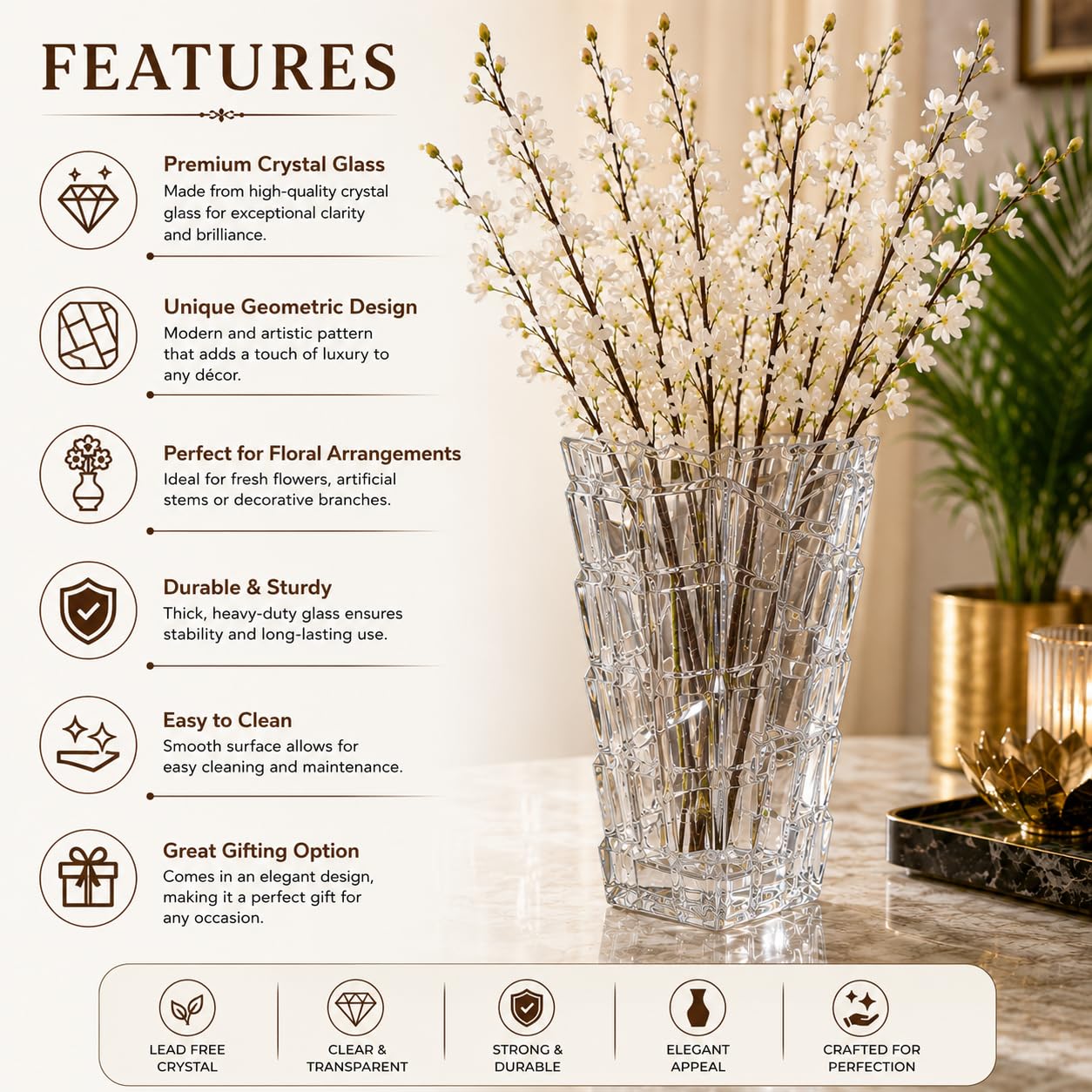 Pure Source India Square Crystal Glass Flower Vase | Clear Decorative Table Vase for Fresh & Artificial Flowers | Modern Square Cut Glass Vase for Home, Office & Gifting | 9.6 Inch
