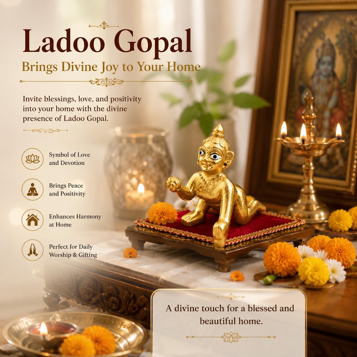 Pure Source India Gold Brass Laddu Gopal Idol | Bal Gopal Krishna Murti for Pooja, Home Temple & Decoration | Religious Gift for Janmashtami, Housewarming & Festivals