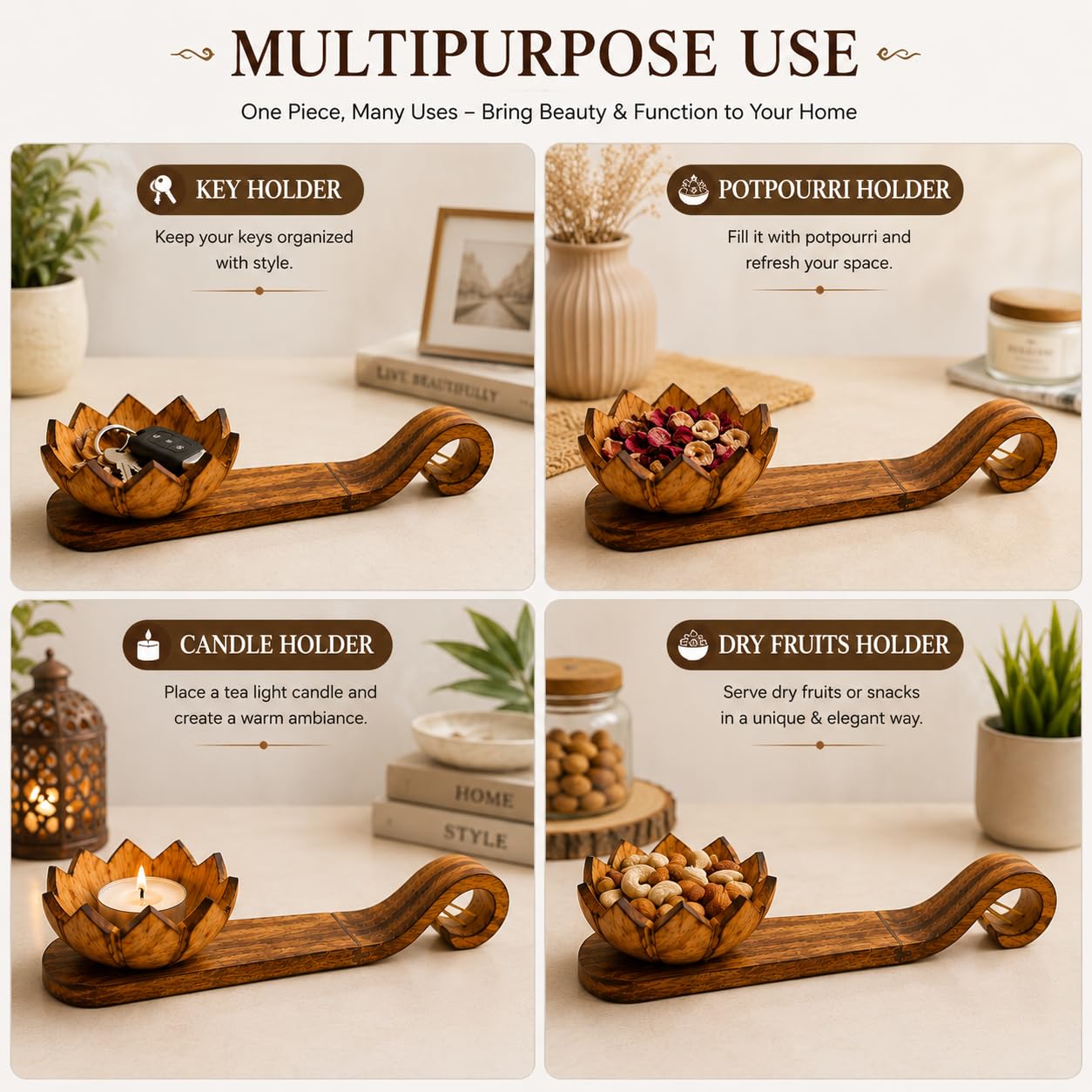Wooden Incense Holder with Lotus Tea Light Candle Holder | Dual-Purpose Ash Catcher & Candle Stand | Natural Wooden Agarbatti Stand for Home, Office, Meditation, Yoga & Pooja Décor