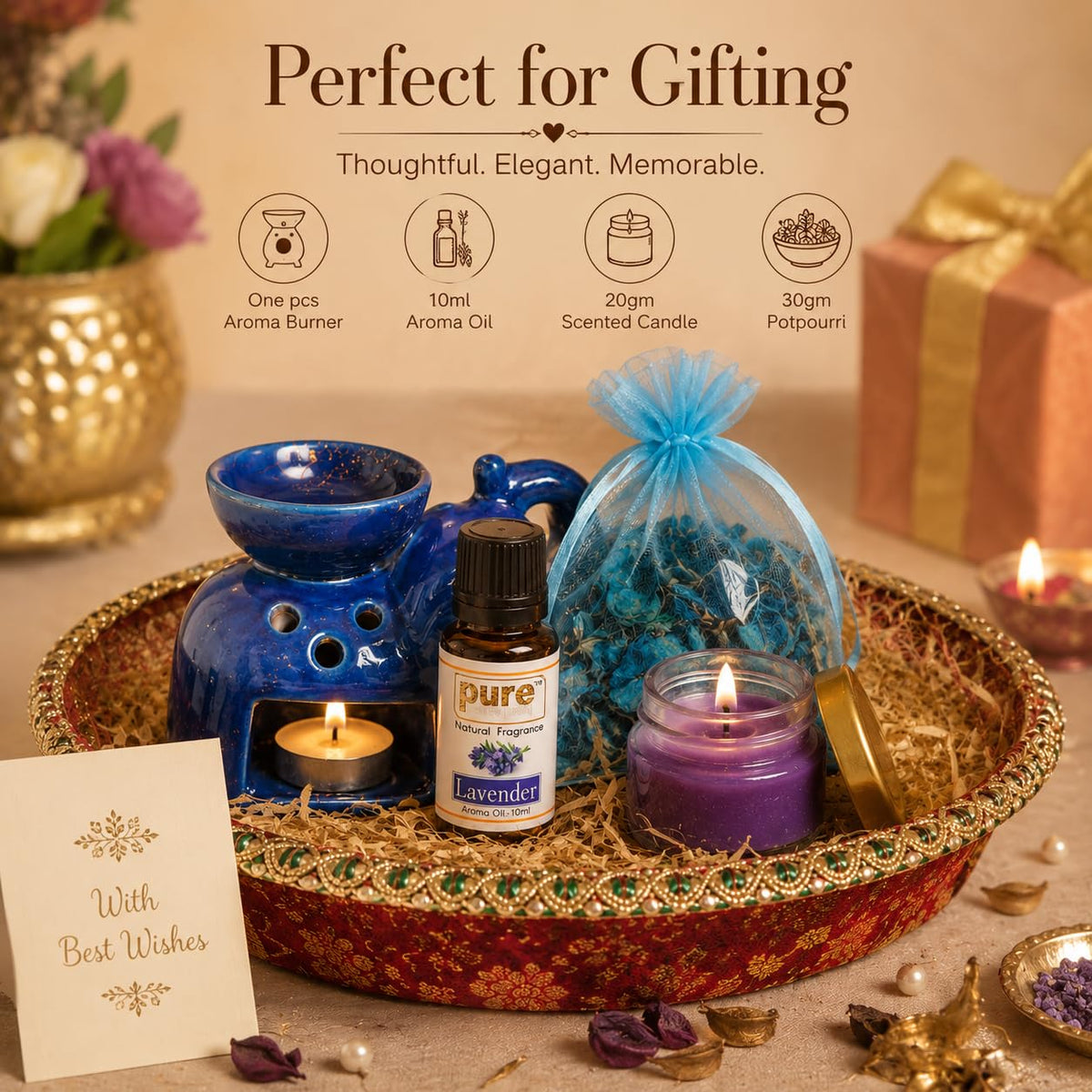 Pure Source India Diwali Gift Set with Blue Elephant Aroma Burner, Aroma Oil, Scented Candle & Potpourri Potli | Festive Home Fragrance Gift Hamper