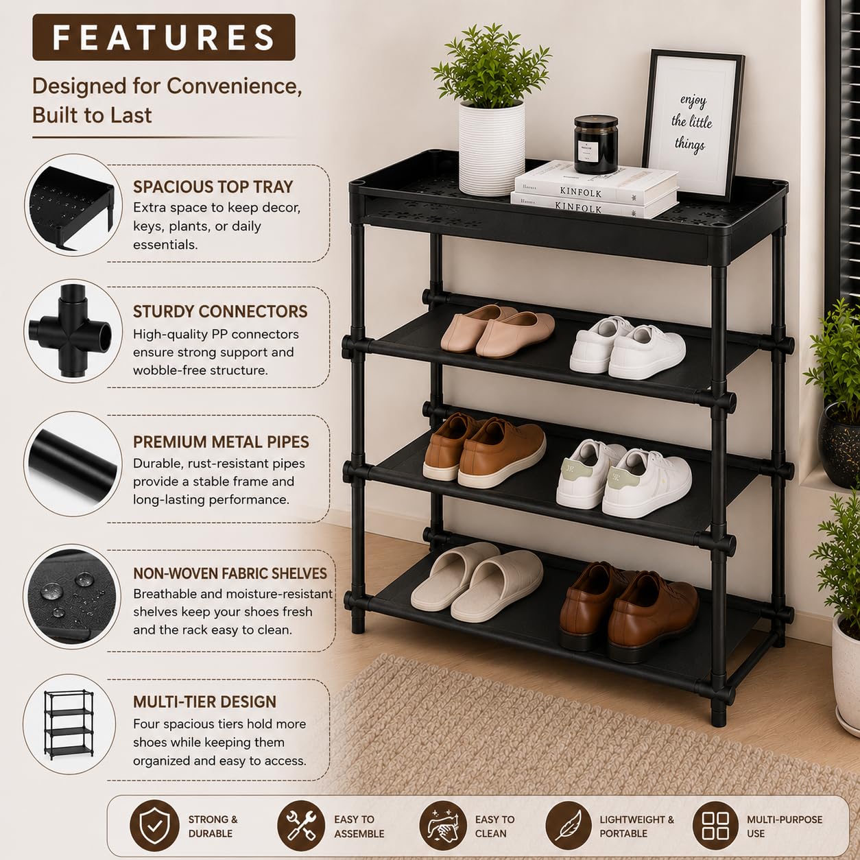 4 Tier Shoe Rack Organizer with Top Storage Shelf, Metal Shoe Stand for Entryway, Closet, Bedroom & Hallway, Space Saving Storage Rack, Black