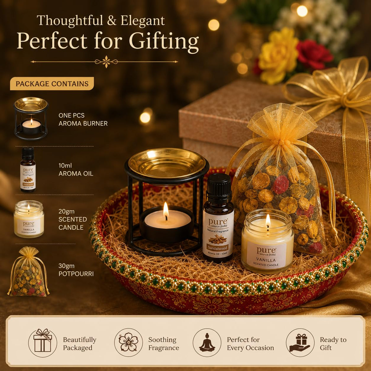 Pure Source India Diwali Gift Set with Brass Aroma Burner, Aroma Oil, Scented Candle & Potpourri Potli | Festive Home Fragrance Gift Hamper
