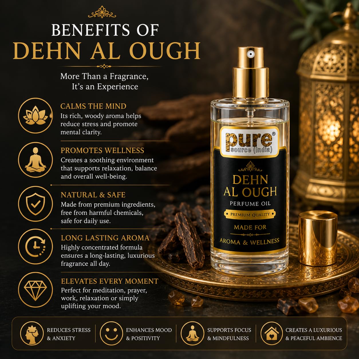 Pure Source India Dehn Al Oudh Perfume Oil Spray 100ml | Premium Long Lasting Luxury Arabian Oud Fragrance |Car & Fabric Freshener